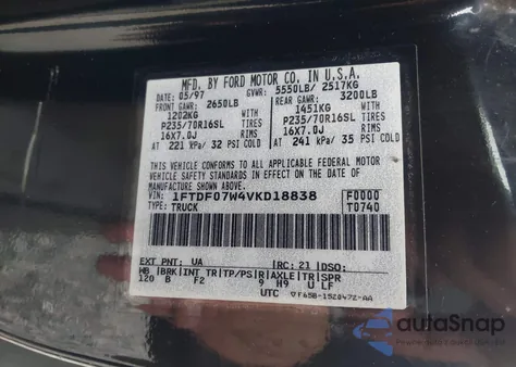 1997 Ford F-150 Lariat/Xl/Xlt from USA, damaged, VIN 1FTDF07W4VKD18838